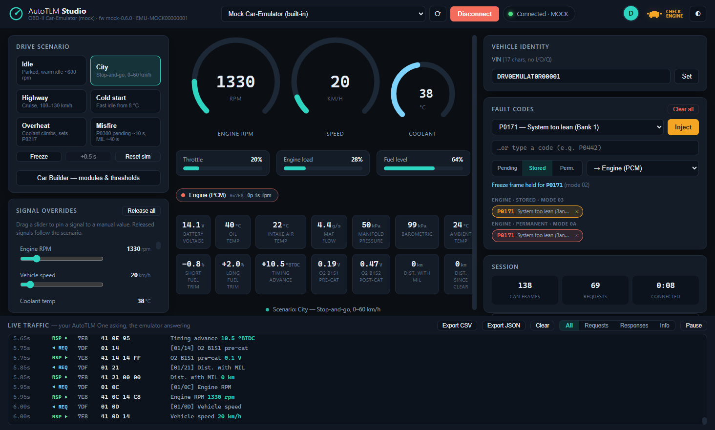 AutoTLM Studio — live OBD-II cockpit with gauges, fault codes and decoded traffic