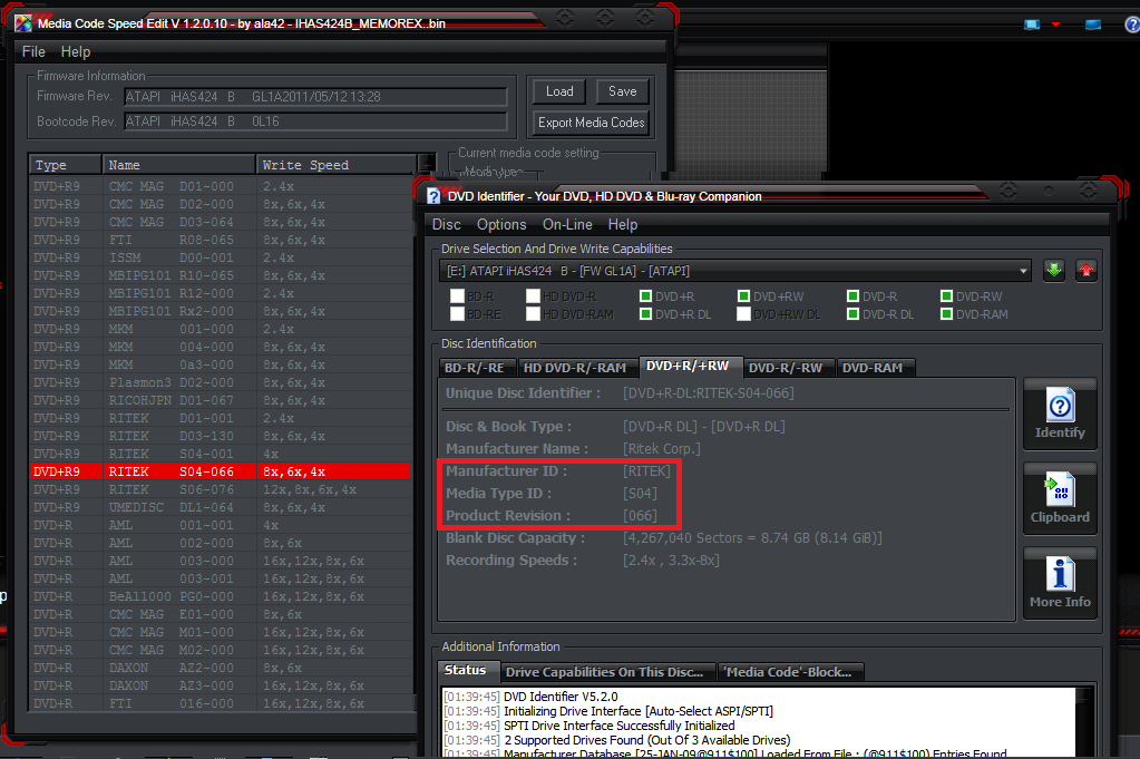 MediaCodeSpeedEdit and DVD Identifier side by side, matching a Memorex media code