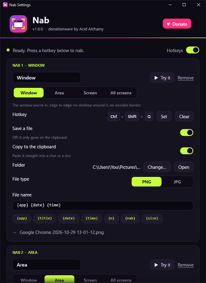 The settings: each nab with its kind, hotkey, folder and file type, and a file-name pattern with a live preview.