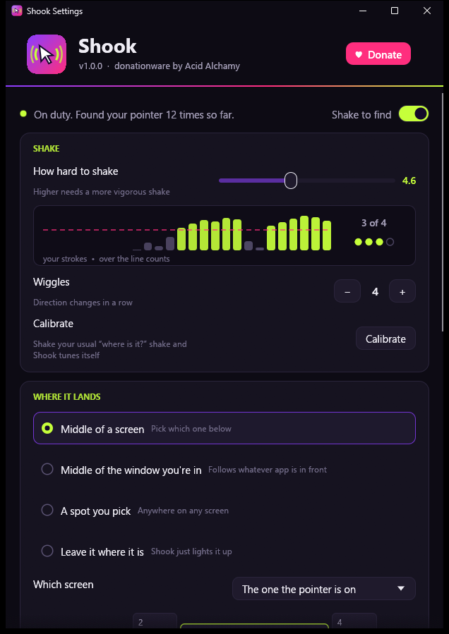 The settings window: shake strength with a live meter, where the pointer lands (with a map of your screens), the effect, and the hotkey.
