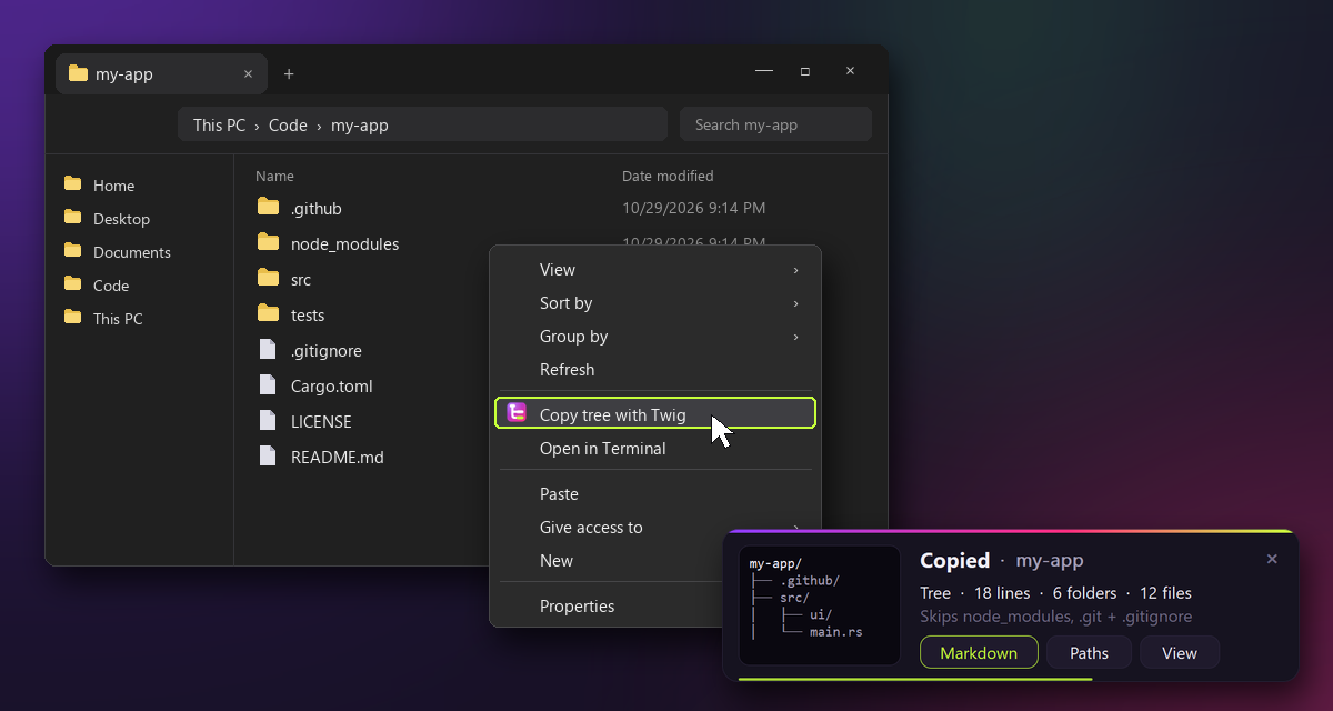 Explorer's right-click menu on a made-up project: Copy tree with Twig, and the card that comes up after, drawn by Twig's own code.