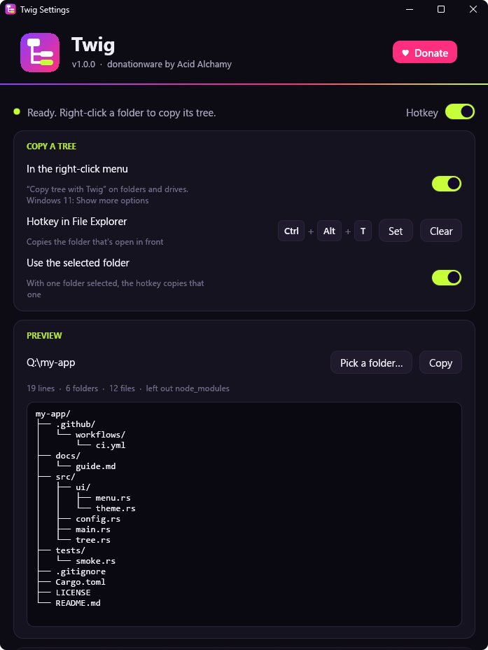 The settings: the right-click entry and the hotkey, what goes in, how it's written, and a live preview of a real folder's tree.